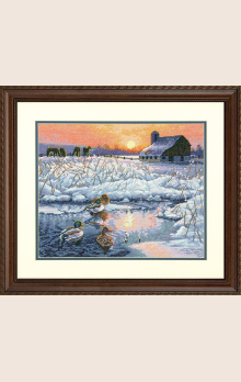 Милый пейзаж с утками в полынье на окраине села «Зимнее утро» (35304)
